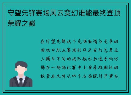 守望先锋赛场风云变幻谁能最终登顶荣耀之巅