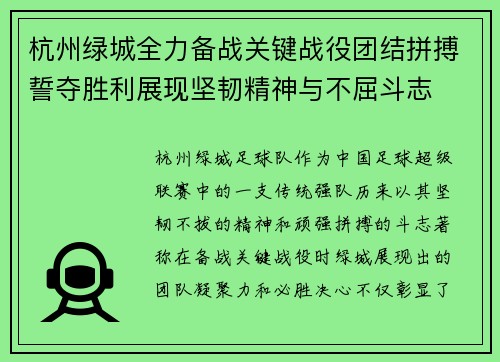 杭州绿城全力备战关键战役团结拼搏誓夺胜利展现坚韧精神与不屈斗志