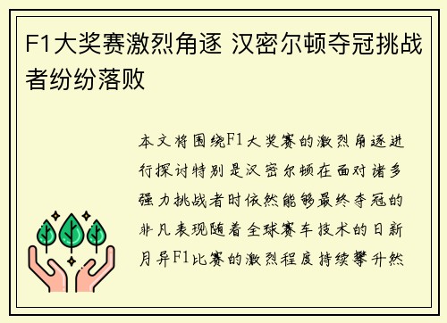 F1大奖赛激烈角逐 汉密尔顿夺冠挑战者纷纷落败